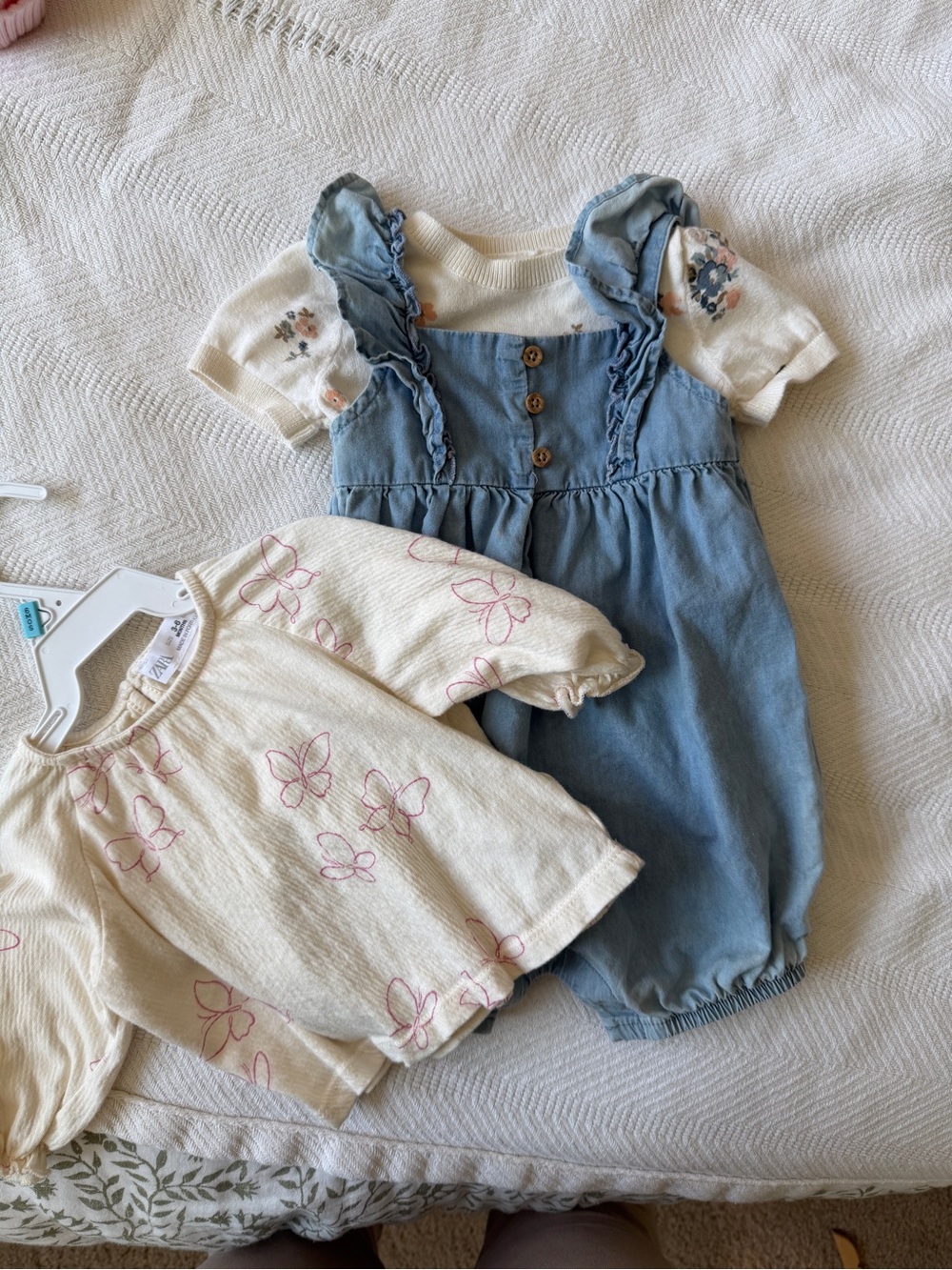 Denim Romper with Floral Knit Top Set - Blue & Cream